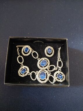 Avon Silver-Tone Necklace,  Bracelet and Earrings with Deep Blue Stones